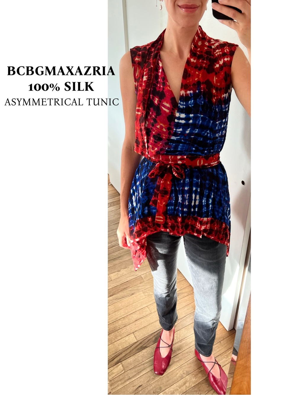 BCBGMAXAZRIA 100% Silk Abstract Asymmetrical Tunic Top Size S
